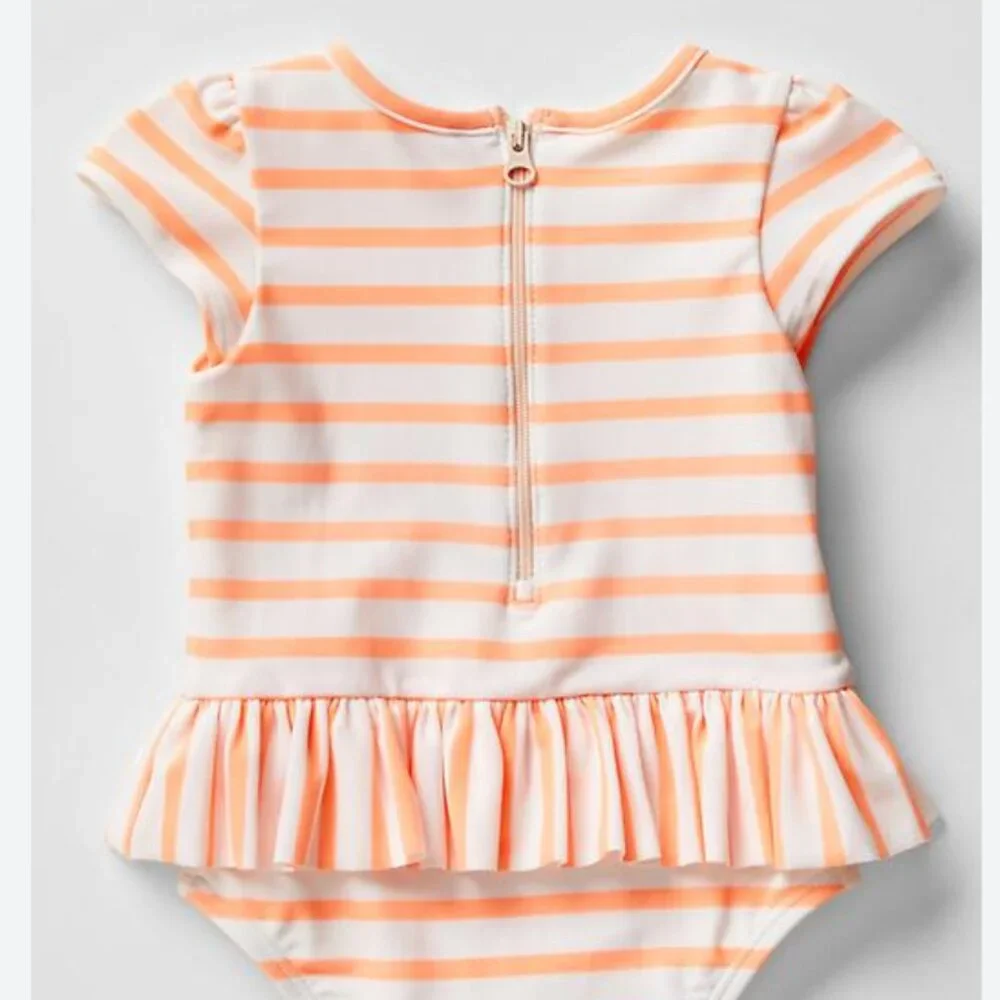 NWT Baby Gap Girl's 0-6 Month Stripe Peplum Swim Suit 0ne Piece Ruffle Orange